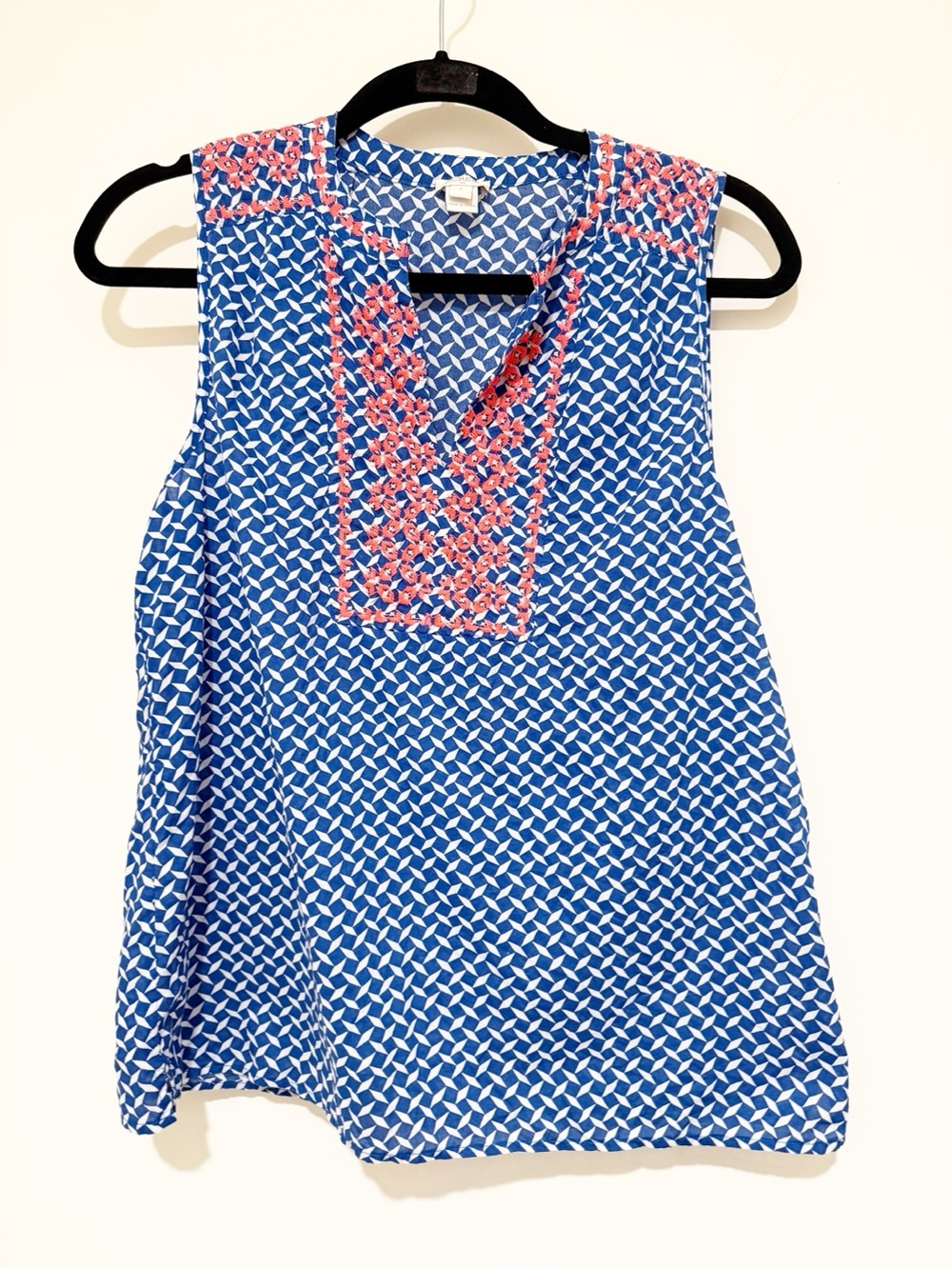 J. Crew Blue Geometric Sleeveless Camisole with Pink Embroidered Yoke